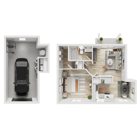 A black car is parked in a garage attached to a house.